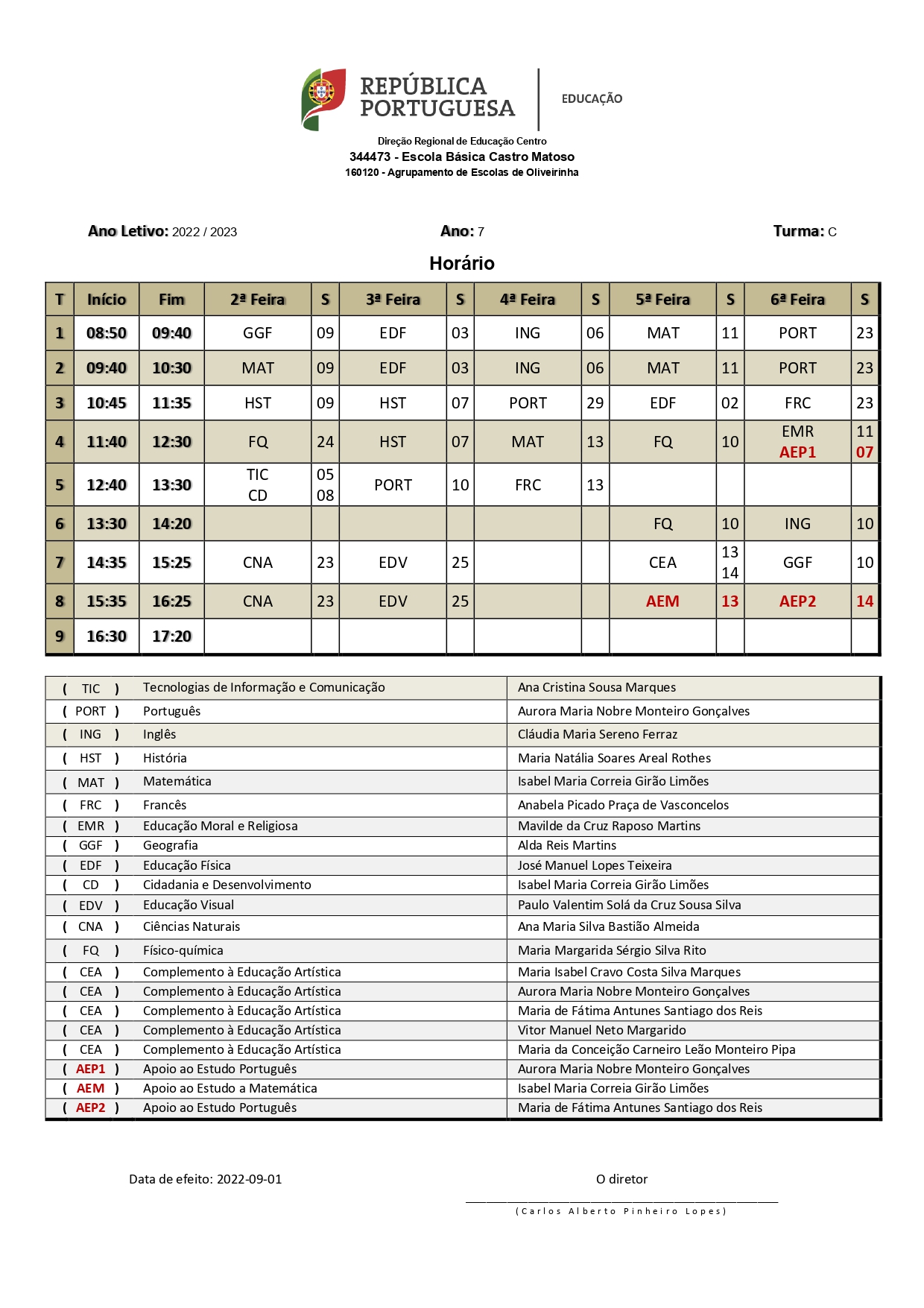 Horários 2022-2023 - 2º e 3º Ciclos (NOVO): 7C